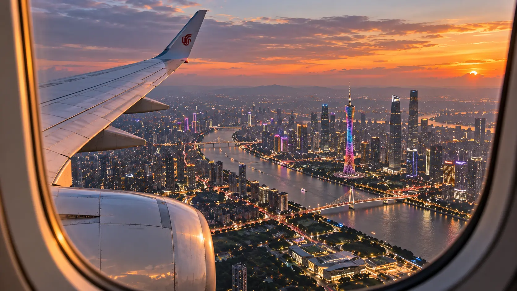 Vista de uma cidade chinesa ao pôr do sol através da janela de um avião